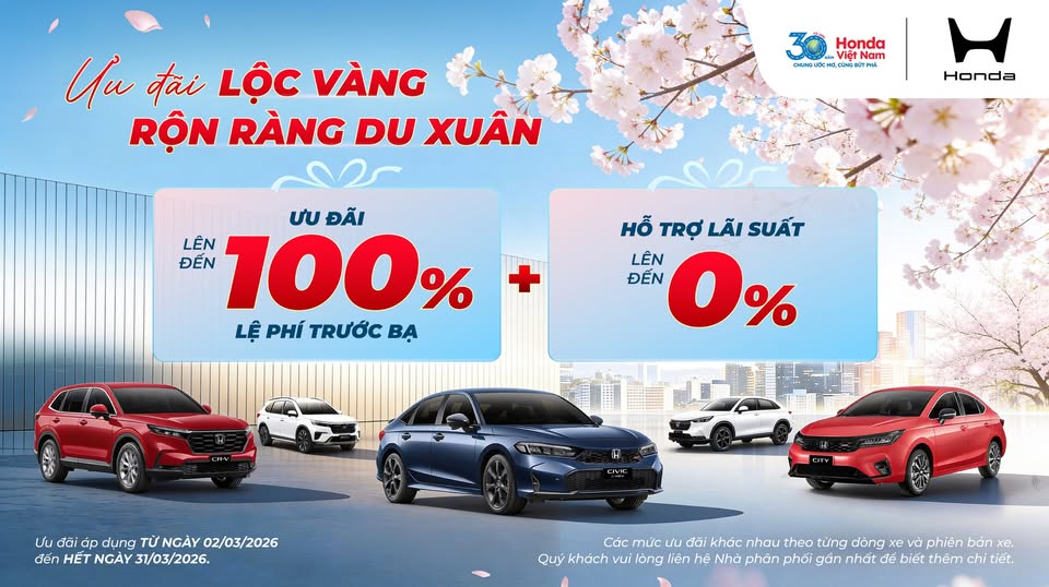 Chương trình khuyến mãi tháng 03/2026 của Honda Ôtô - Giảm lệ phí trước bạ - Hỗ trợ lãi suất 